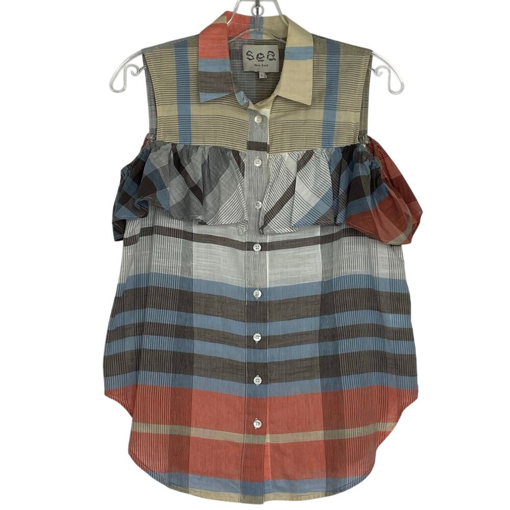 Sea New York Plaid Ruffle Off The Shoulder Blouse Women's size 2